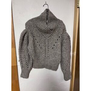 IRO QUALYA Chunky Knit‎ Turtleneck Sweater Puff Sleeve Holes Grey Small